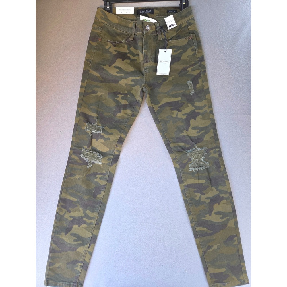 Judy Blue Mid Rise Skinny Camo Distressed Jeans JB8473 Green Camouflage 5/27